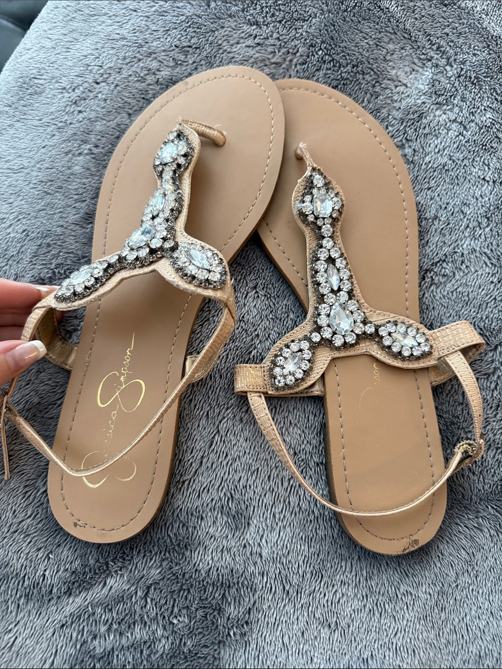 Jessica Simpson Nude Tan Jeweled T-Strap Sandals